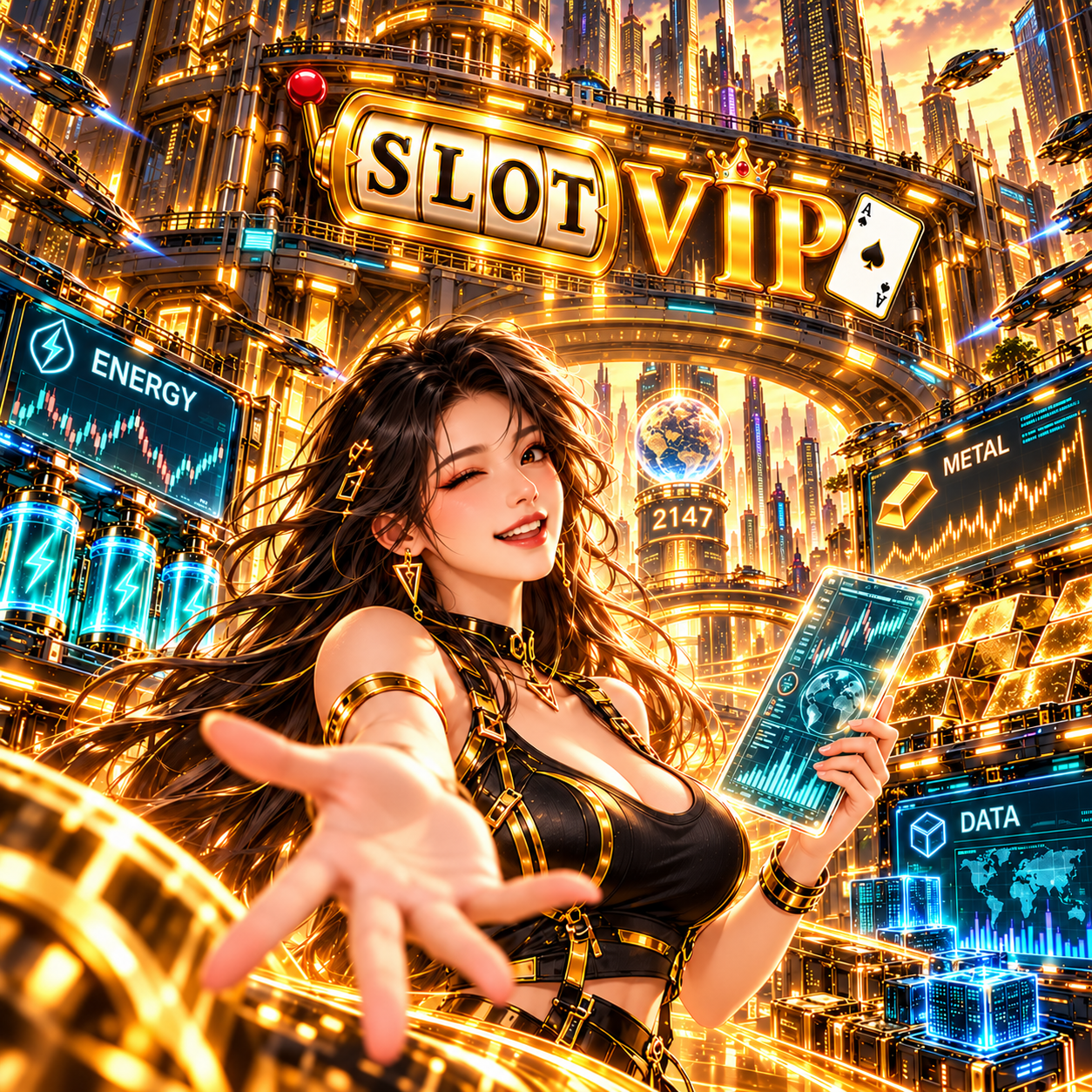 Ilustrasi resmi kota Elderberry dan ruang perdagangan futuristik dalam SLOTVIP